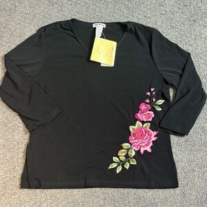 Vintage Delicia Rose Appliqué Shirt Top Blouse 3/4 Sleeve Medium New